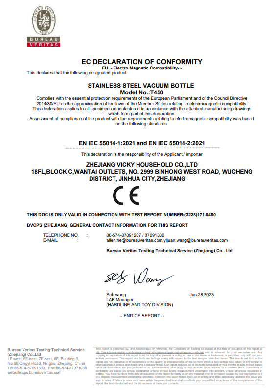 Bureau Veritas EC declaration of conformity, model T450