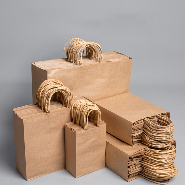 Preço de fábrica saco de papel kraft reciclável marrom com alça de corda seu logotipo saco de papel kraft alça plana