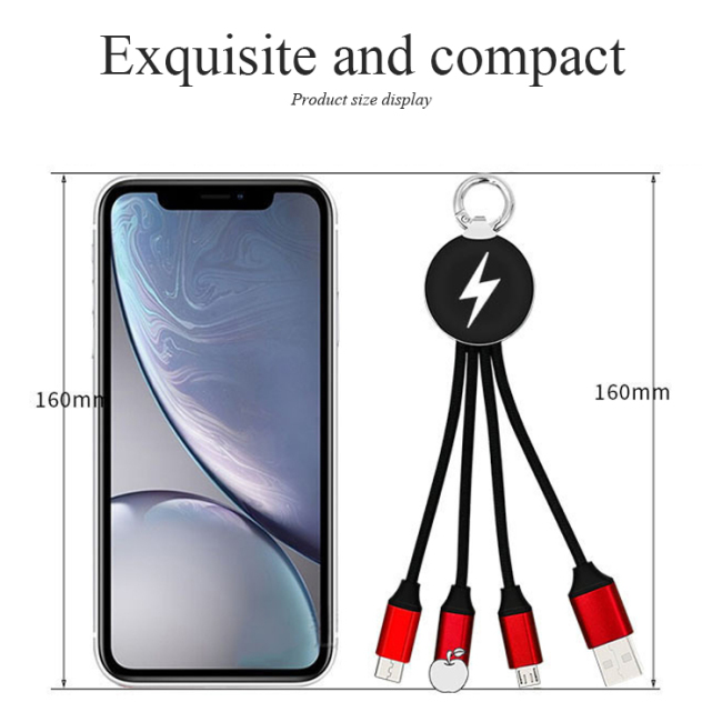 3 In 1 Led Usb Charger Cable Line Keychain Multi-function Gift Customizable Data Cable For Iphone Charging Usb Cable Custom Logo