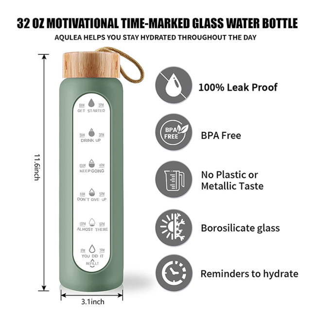 Стеклянная бутылка для воды на 32 унции с маркером времени, бамбуковой крышкой, силиконовым рукавом. Мотивационные бутылки с водой с цитатами-напоминаниями