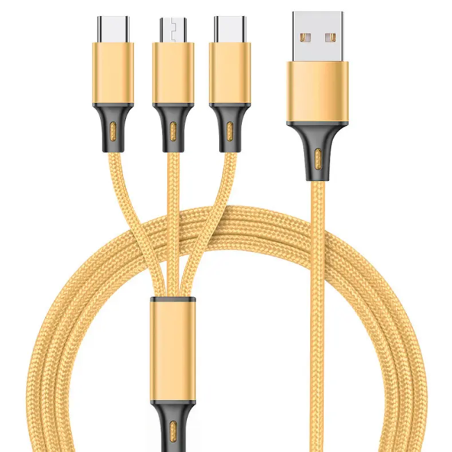 Cabo de carregamento USB multi 3 em 1, cabo micro tipo C trançado de 1.2 m para iPhone e Android