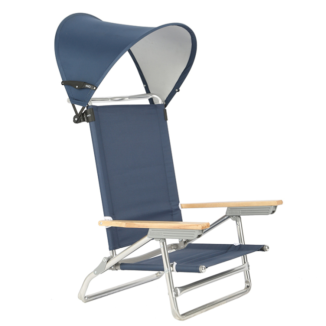 Cadeira de praia de alumínio reclinável portátil 5 posições ao ar livre com dossel e braços de madeira