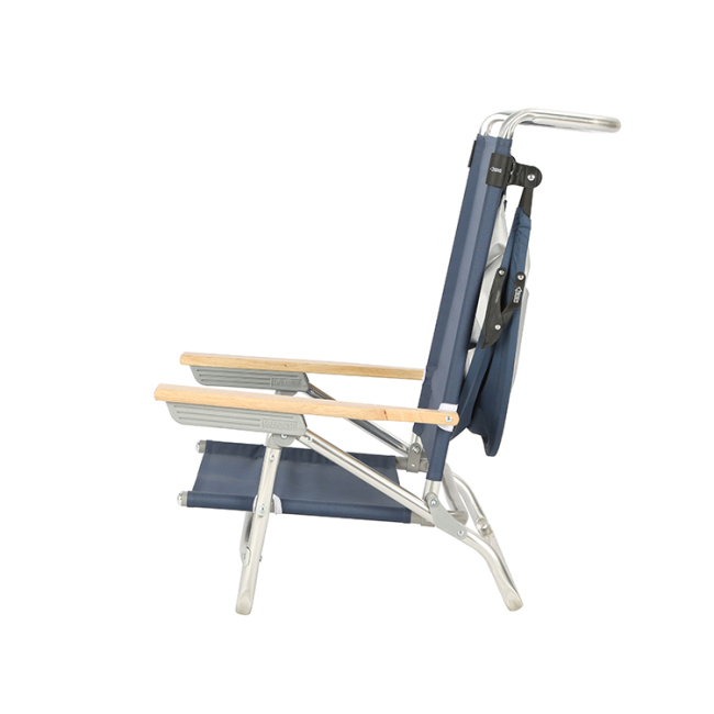 Cadeira de praia de alumínio reclinável portátil 5 posições ao ar livre com dossel e braços de madeira