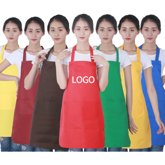 Delantal de poliéster con 2 bolsillos para mujer, delantal de limpieza de cocina rosa lavable de estilo coreano con diseño de logotipo personalizado