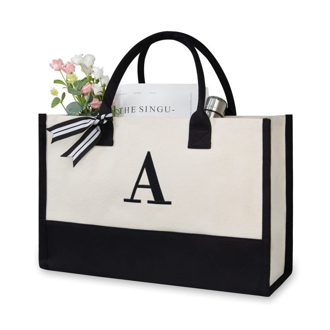 Bolsa de praia de lona inicial personalizada, sacola de presente com monograma para mulheres
