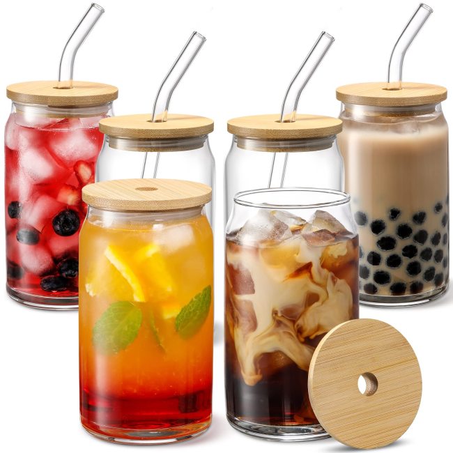 Taza de café de té de vidrio personalizada Lata de cerveza de soda Taza de vidrio en forma de 16 oz Tazas con tapa de bambú y pajita