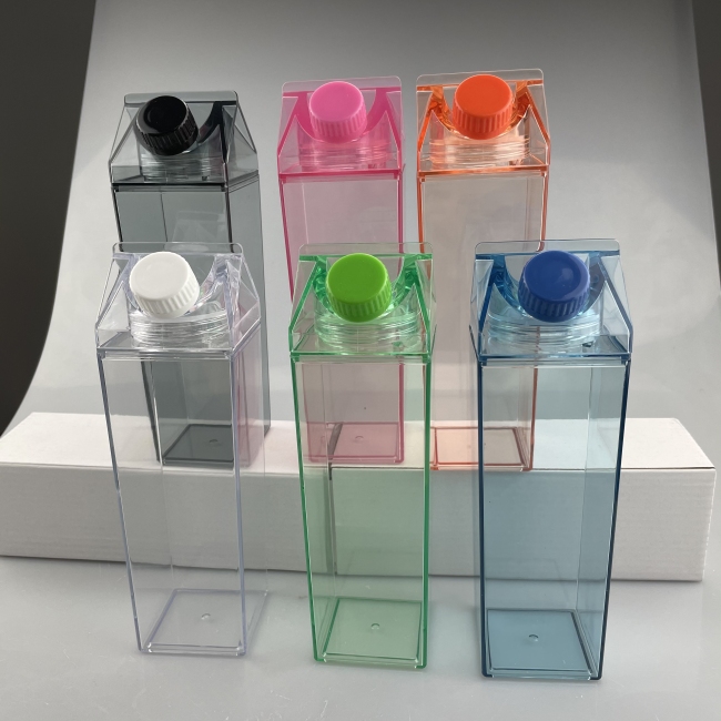 Botella de agua en forma de caja de leche acrílica de color rosa transparente de plástico transparente de 17oz sin BPA 500ml 1000ml