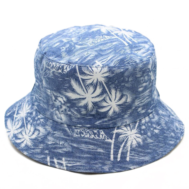 New Fisherman Hat Summer Both Sides Wear Pot Hat Denim Coconut Tree Sun Shade Hat