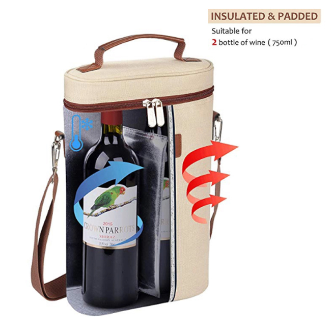 Custom 2 Bottles Christmas Insulated Carrier Leather Tote Canvas Travel Padded Sublimation Portable Reusable Ice Wine Cooler Bag