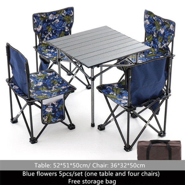 Összecsukható kempingasztal 4 székkel Hordozható roll-up asztal és székkészlet beltéri kültéri használatra, utazáshoz, strandokhoz, grillezéshez, hátsó udvarhoz