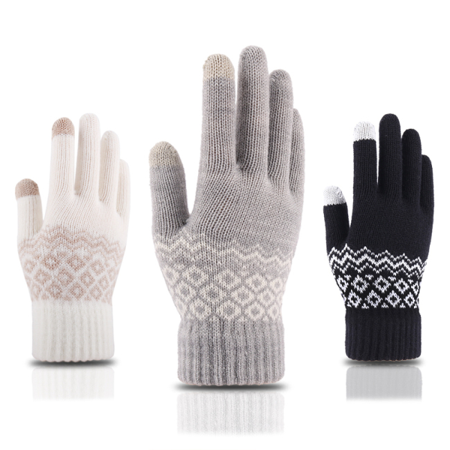 Теплые зимние кашемировые перчатки с сенсорным экраном, вязаные шерстяные перчатки, толстые жаккардовые вязаные перчатки с раздельными пальцами