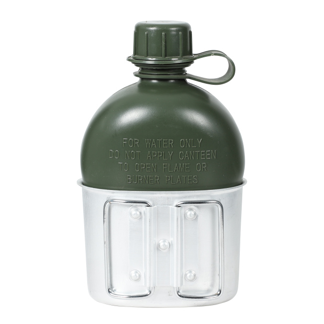 Botella de agua portátil táctica con vaso de aluminio para combate