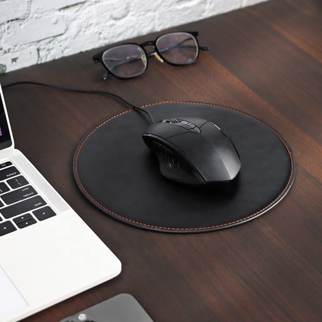 Alfombrilla de escritorio antideslizante de doble cara para oficina, alfombrilla de ratón redonda de cuero PU resistente al agua y silenciosa, con logotipo personalizado