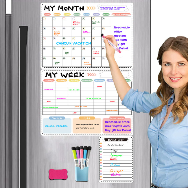 Календарь с сухим стиранием Планировщики календарей для белой доски Ежемесячный Еженедельный ежедневный набор календарей с маркером Магнит на холодильник
