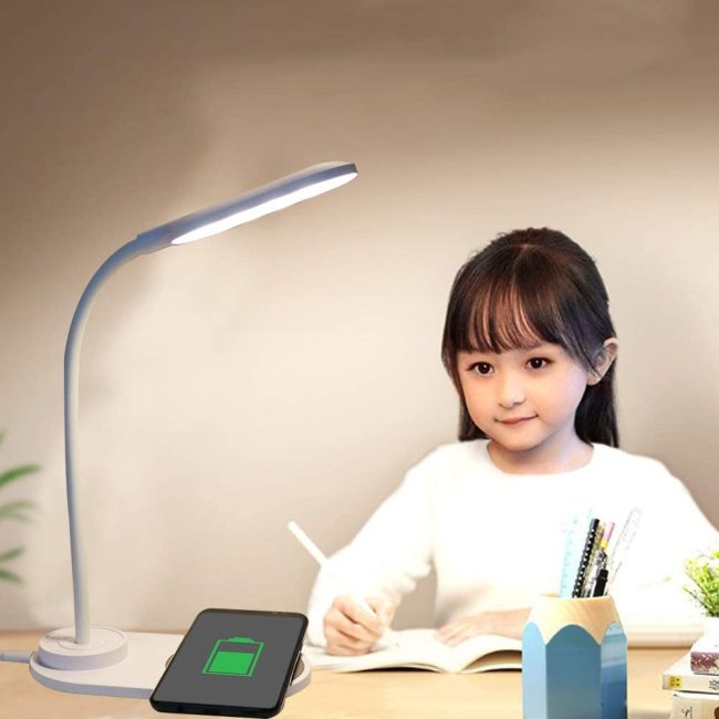 Szabályozható LED-es asztali lámpa, szemkímélő asztali lámpák, asztali lámpa Rugalmas érintésvezérlésű éjszakai lámpa vezeték nélküli töltővel