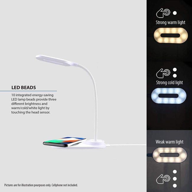 Szabályozható LED-es asztali lámpa, szemkímélő asztali lámpák, asztali lámpa Rugalmas érintésvezérlésű éjszakai lámpa vezeték nélküli töltővel