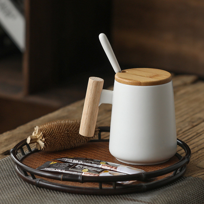 Taza de café con mango de madera, gran oferta, taza ecológica, taza de cerámica personalizada, tazas con logotipo personalizado con tapa, cuchara, caja de regalo