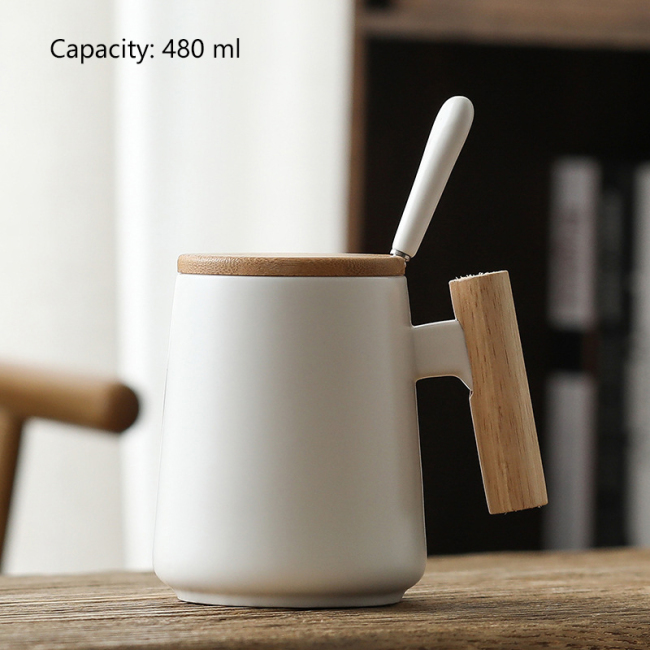 Taza de café con mango de madera, gran oferta, taza ecológica, taza de cerámica personalizada, tazas con logotipo personalizado con tapa, cuchara, caja de regalo