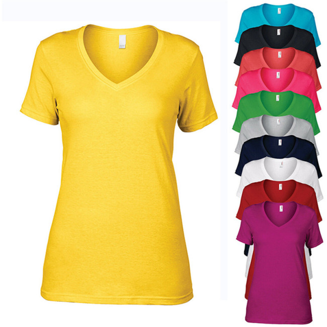 Camisetas de mujer con escote en V profundo, lisas, sin marca, camisetas de algodón 100% de alta calidad para mujer, para imprimir