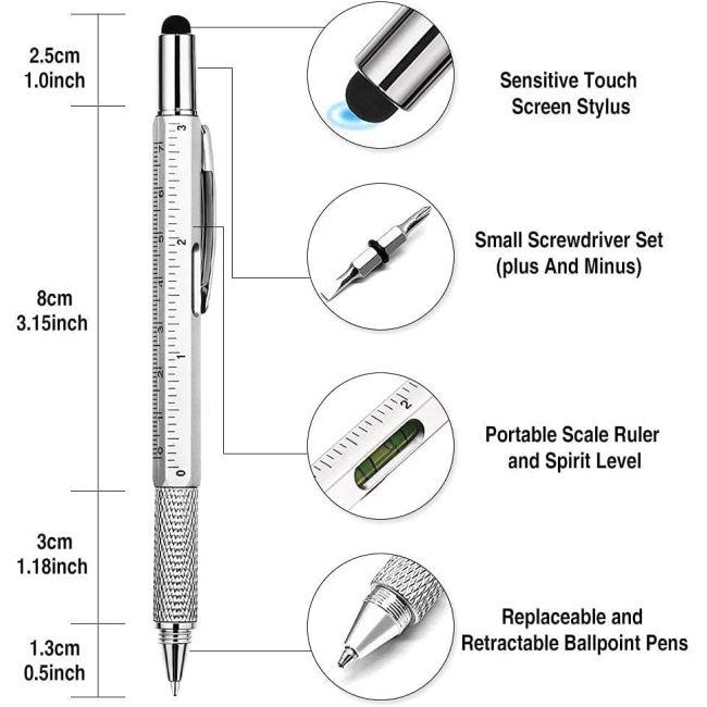 Металлическая многофункциональная ручка-стилус 6-в-1 с отверткой