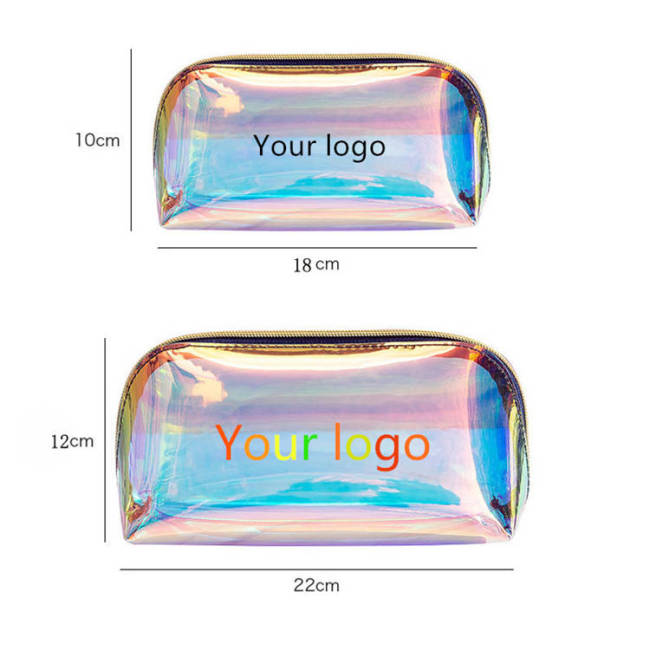 Bolsa de maquillaje holográfica transparente con logotipo personalizado de MOQ bajo, bolsa de maquillaje, bolsas de cosméticos de pvc para mujer