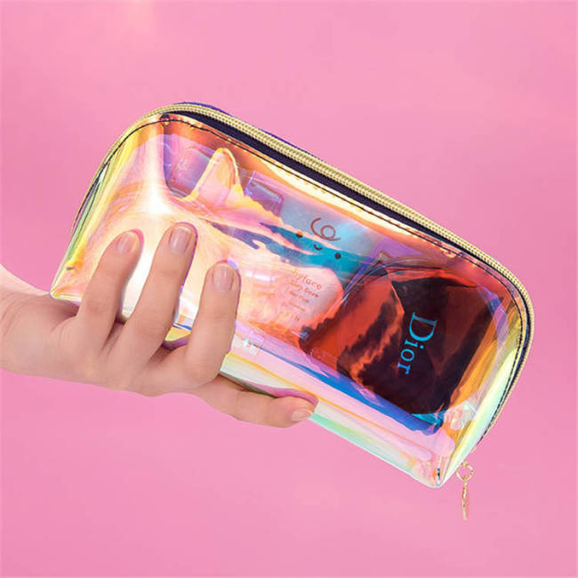 Low MOQ custom Logo clear transparent holographic makeup bag make up pouch pvc cosmetic bags for women