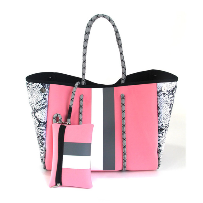 Custom waterproof  fashion leopard printing handbag perforated neoprene tote travel beach bag