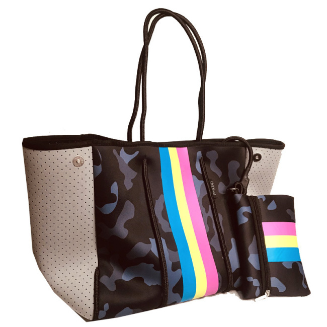 Custom waterproof  fashion leopard printing handbag perforated neoprene tote travel beach bag