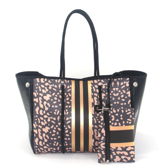 Custom waterproof  fashion leopard printing handbag perforated neoprene tote travel beach bag