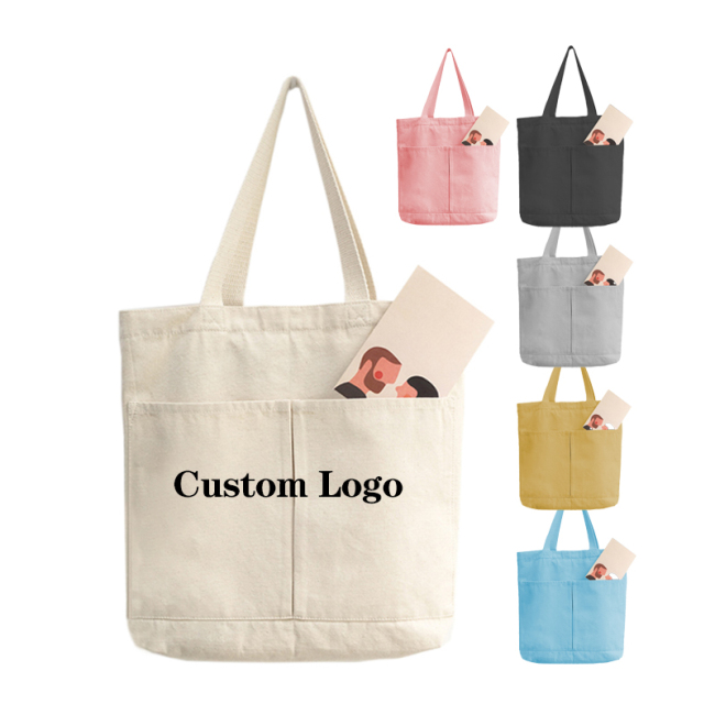 Bolsa de compras de algodón de lona con bolsillo exterior OEM, bolsas de lona en blanco con compartimentos, logotipo personalizado impreso