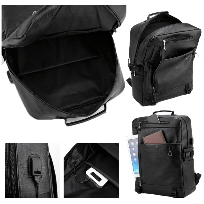 Mochila para laptop de negócios em couro PU de 18 polegadas Bolsa mochila de couro com carregamento USB