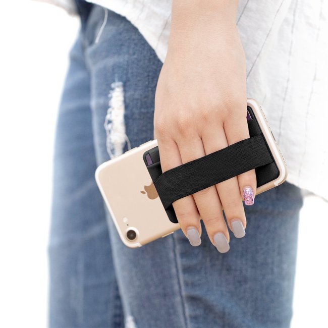 Soporte para tarjeta de crédito con agarre para teléfono, billetera adhesiva segura con solapa, funda adhesiva para tarjeta de identificación con correa para el dedo para iPhone