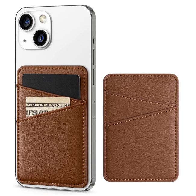 Carteira de couro genuíno com suporte para cartão de telefone, bolso adesivo, mangas para cartão de crédito, traseira do telefone