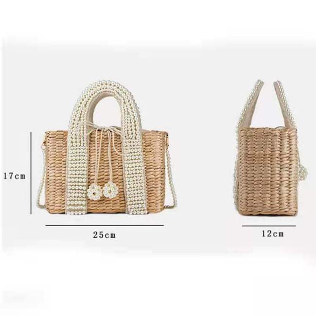 Summer Holiday Travel Makeup Beach Bag With Pearl Large Tote Straw Bag Crossbody Bag For Women