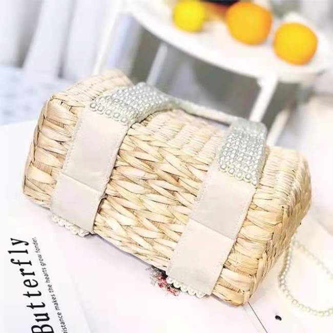 Summer Holiday Travel Makeup Beach Bag With Pearl Large Tote Straw Bag Crossbody Bag For Women