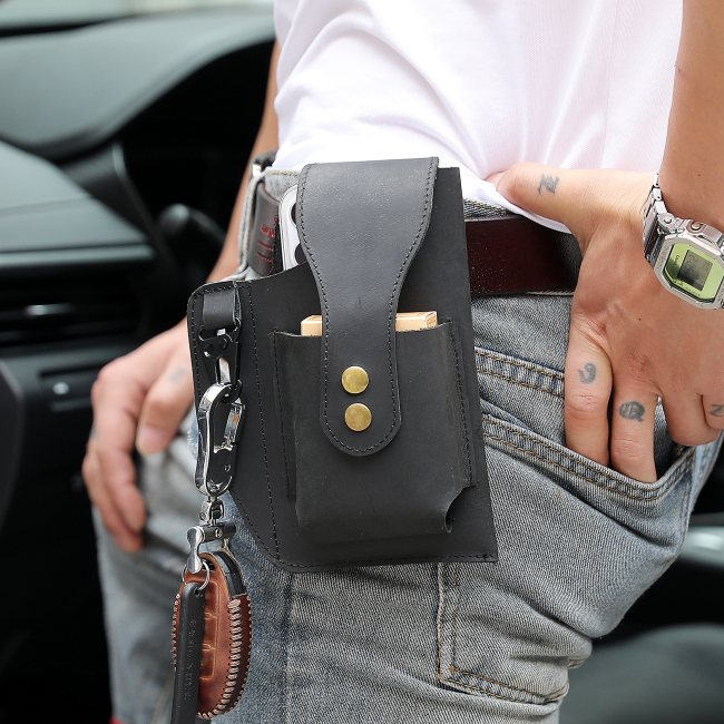 Multifunction Outdoor Sport Running Genuine Crazy Leather Mobile Cell Phone Waist Bag  pouch belt holster case with keyring