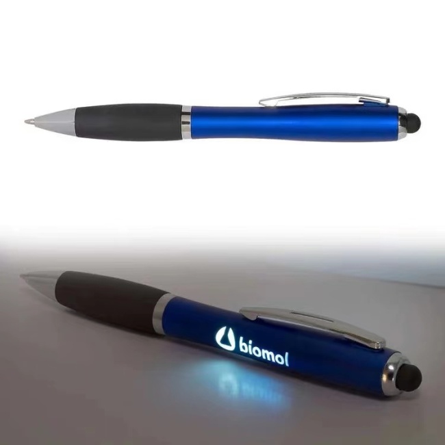 Promotional pen laser enhraved logo custom led light up pens with stylus with custom light logo