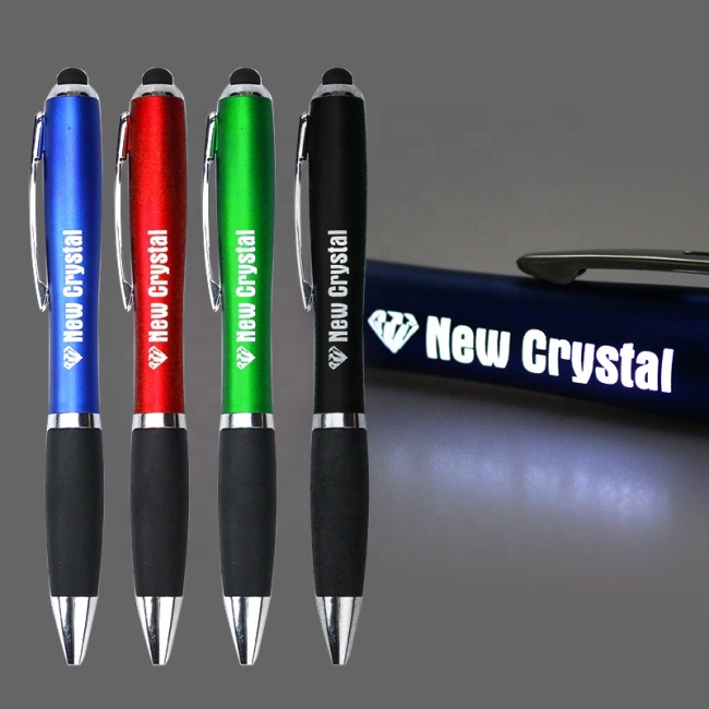 Promotional pen laser enhraved logo custom led light up pens with stylus with custom light logo
