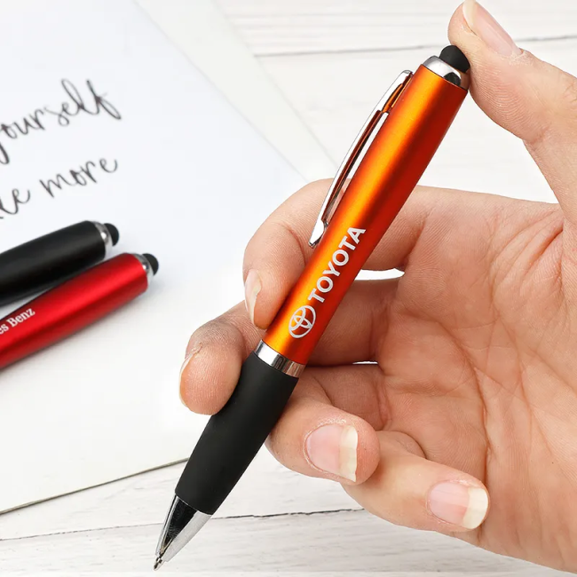Bolígrafo promocional con logotipo grabado con láser, bolígrafos iluminados LED personalizados con lápiz óptico y logotipo ligero personalizado