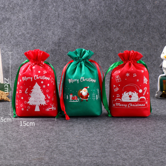 Testreszabott tasak En Tissu Non Tisse Olcsó kiskereskedelmi ajándéktárolás húzózsinóros karácsonyi nem szőtt táskák