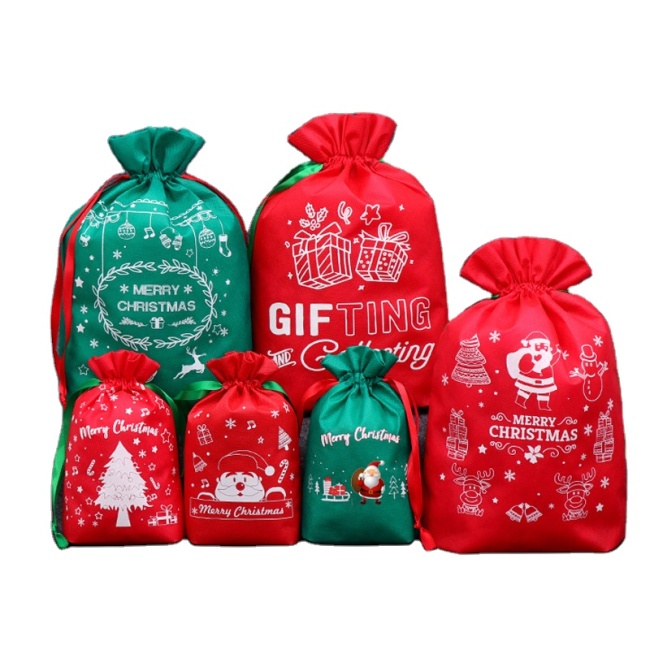 Testreszabott tasak En Tissu Non Tisse Olcsó kiskereskedelmi ajándéktárolás húzózsinóros karácsonyi nem szőtt táskák