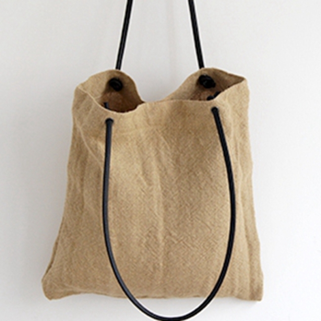 Bolsa de ombro de lona ecológica natural vintage, bolsa de linho de algodão com alça de couro