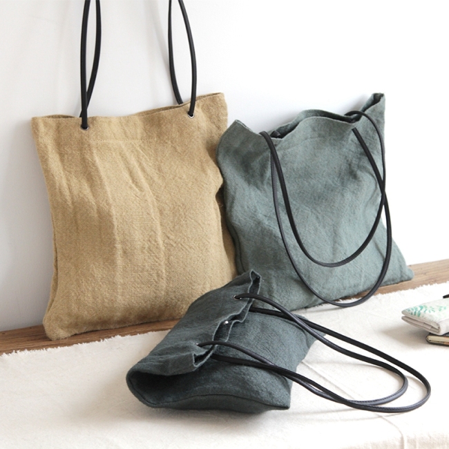 Bolsa de ombro de lona ecológica natural vintage, bolsa de linho de algodão com alça de couro
