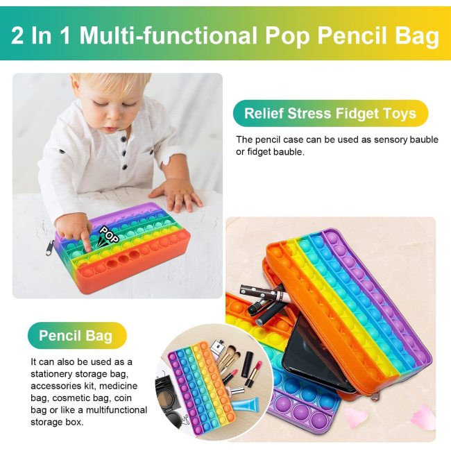 2 az 1-ben nagy kapacitású szivárványos aranyos gyerekek gyerekeknek Push Pop buborék fidget szenzoros játék szilikon pop tolltartó női kozmetikai táskák