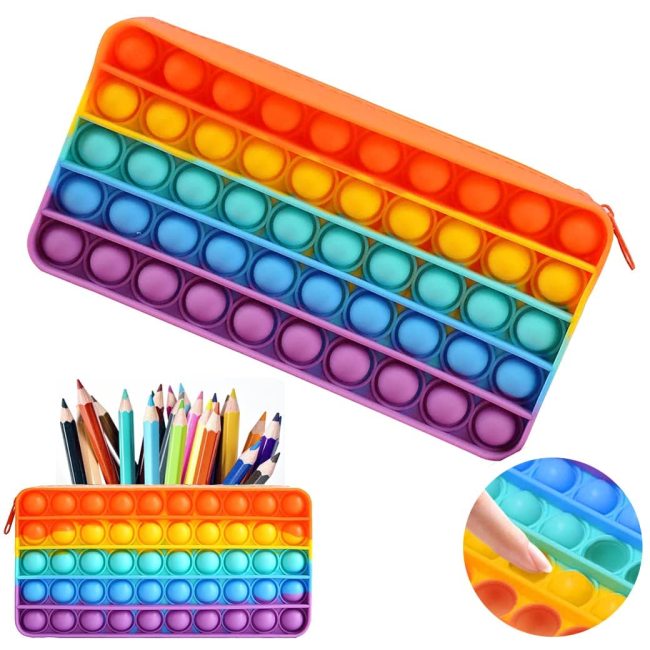 2 em 1 grande capacidade arco-íris fofo crianças crianças push pop bolha fidget brinquedo sensorial silicone pop estojo de lápis feminino bolsas cosméticas