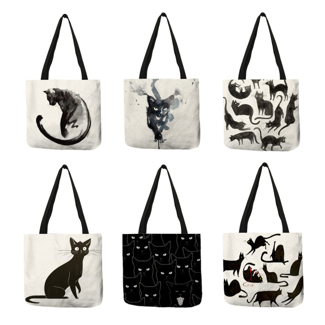 Design elegante de lona de linho de algodão bolsas femininas bolsa de praia bolsa de compras diária bolsa de gato com zíper personalizável