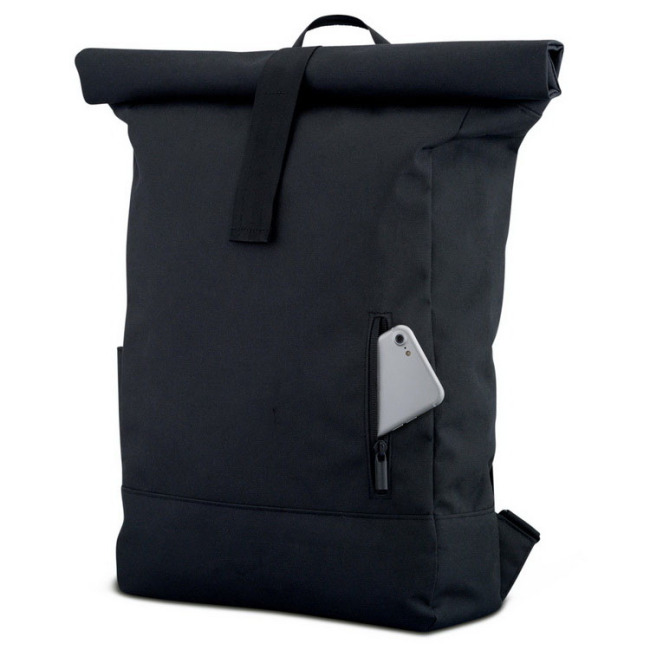 Mochila enrollable de rpet reciclada negra hecha en fábrica, mochila de viaje enrollable a la moda