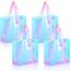 Sacola com holograma de ombro em PVC transparente com logotipo impresso personalizado, bolsa feminina iridescente com alça de compras reutilizável com alça holográfica.