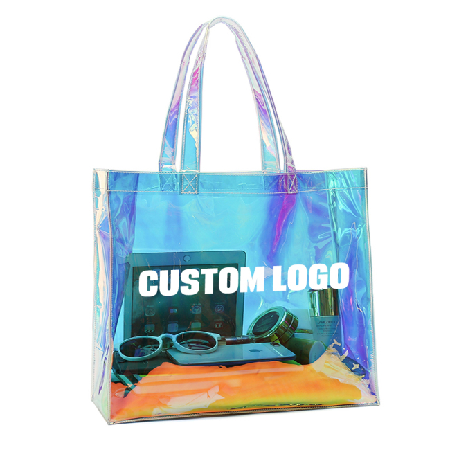 Custom Printed Logo Clear PVC Shoulder Hologram Tote Bag, Женская радужная сумка с ручкой для покупок Многоразовая голографическая сумка.