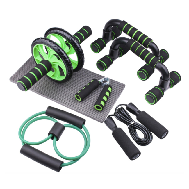 Kit de rolos de rodas AB para equipamentos de exercícios domésticos com barra de flexão, pinça de mão, corda de pular e joelheira
